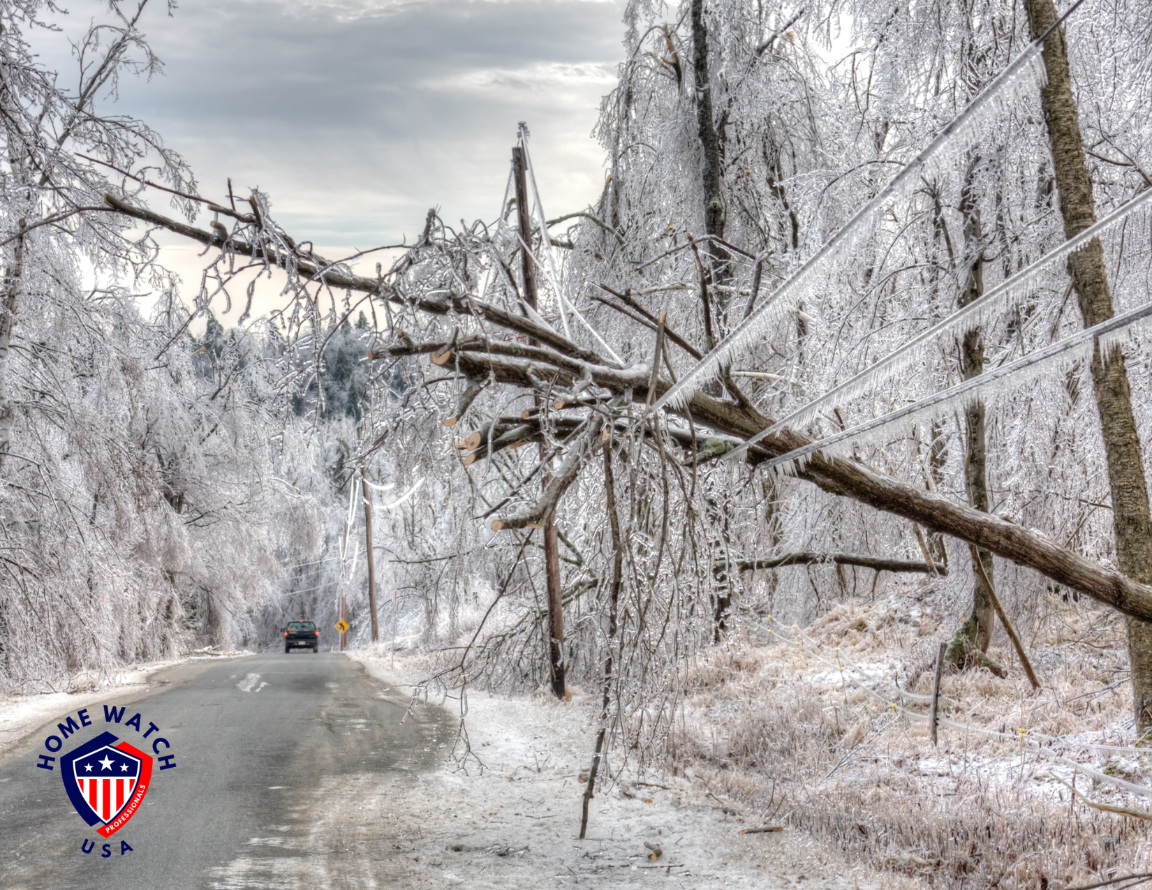 Ice Storm A neighborhood street with ice and snow damage to trees and powerlines.